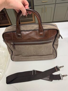 Bosca Taupe Canvas Briefcase with Brown Leather Trim